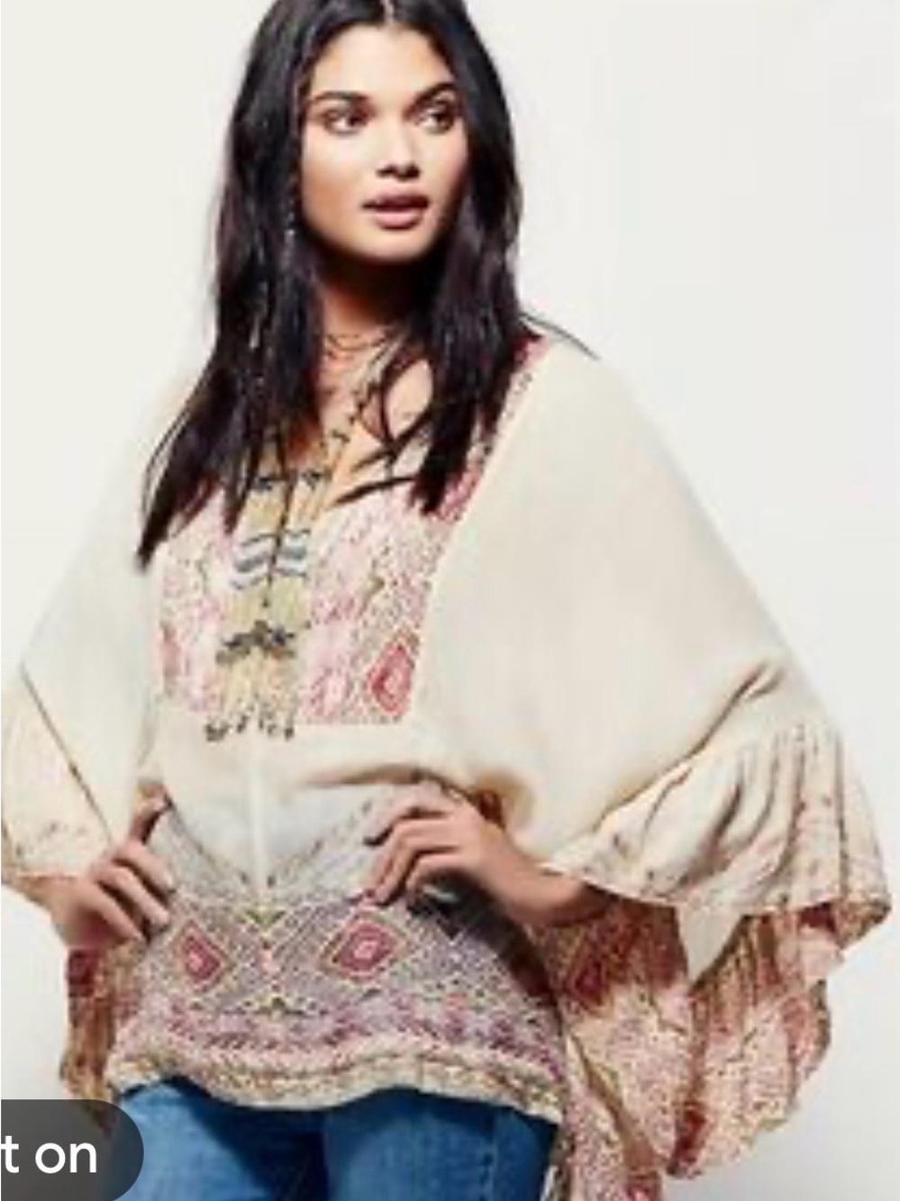 Free People One Cream Chiffon Semi-shear Boho Tunic with Pink Accents
